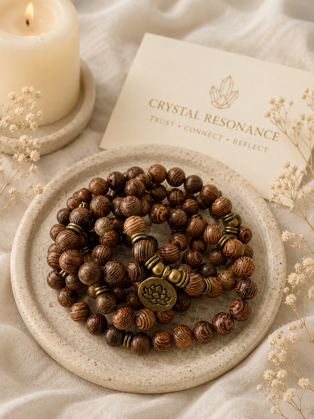 Lotus Wooden Mala Wrap Bracelet