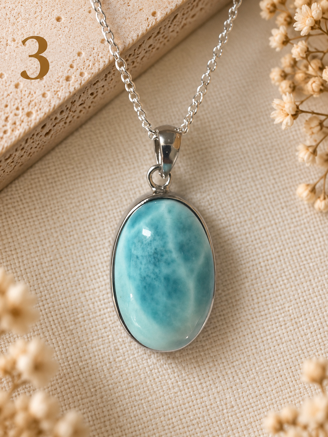 Natural Larimar Sterling Silver Pendant Necklace- 3