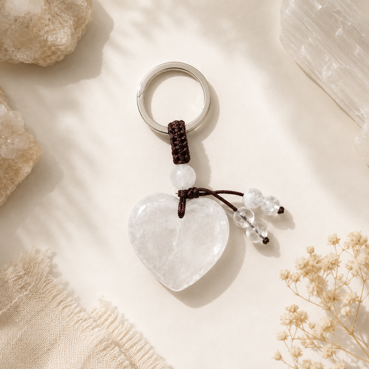 Clear Quartz Natural Crystal Heart Keyring