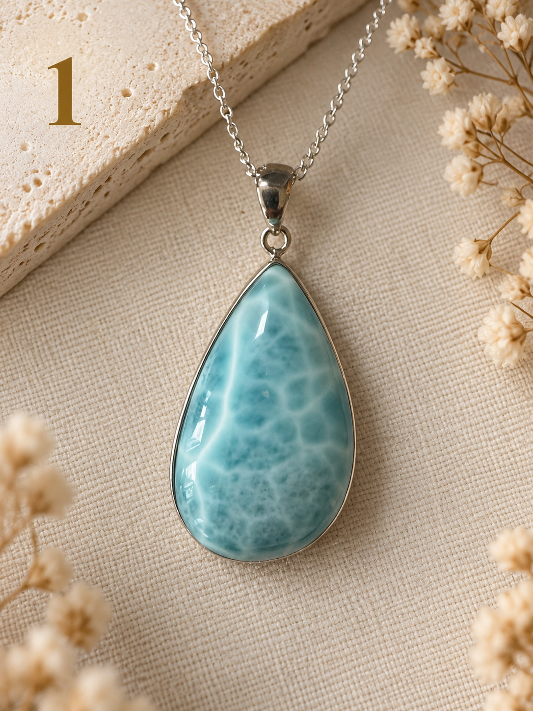 Natural Larimar Sterling Silver Pendant Necklace- 1