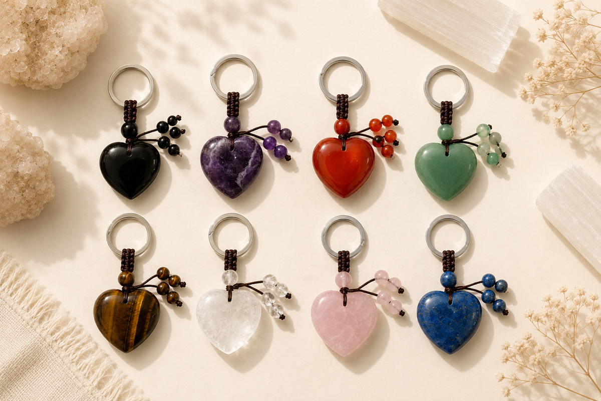 Natural Crystal Heart Keyrings
