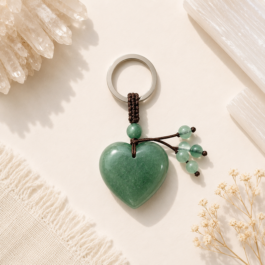 Green Aventurine Natural Crystal Heart Keyring