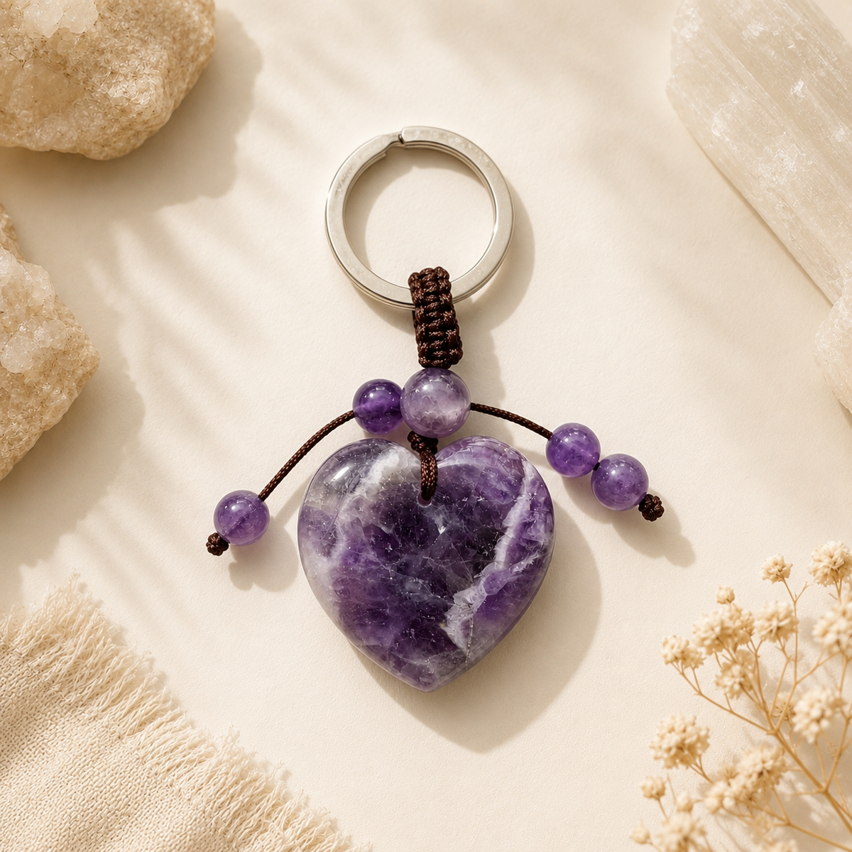 Amethyst Natural Crystal Heart Keyring