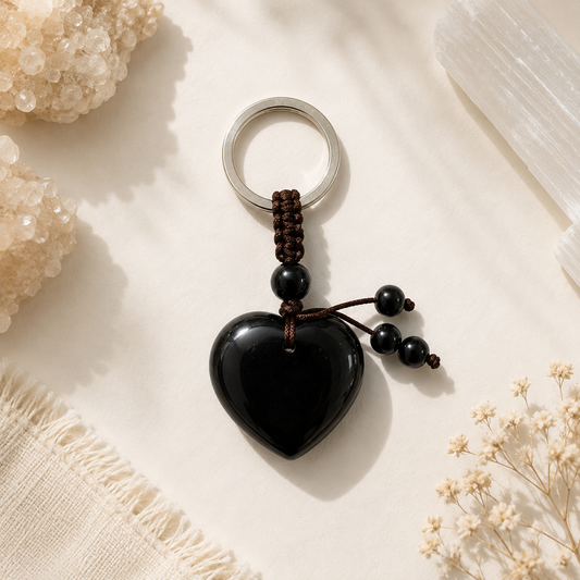 Black Obsidian Natural Crystal Heart Keyring