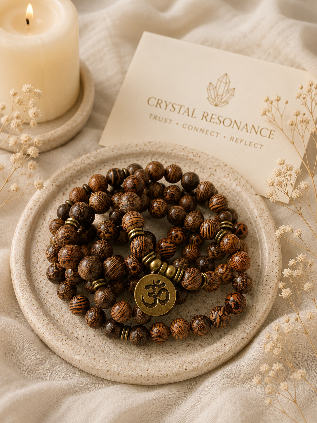 Om Wooden Mala Wrap Bracelet