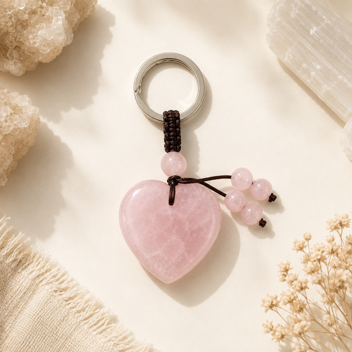 Rose Quartz Natural Crystal Heart Keyring