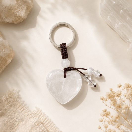 Clear Quartz Natural Crystal Heart Keyring