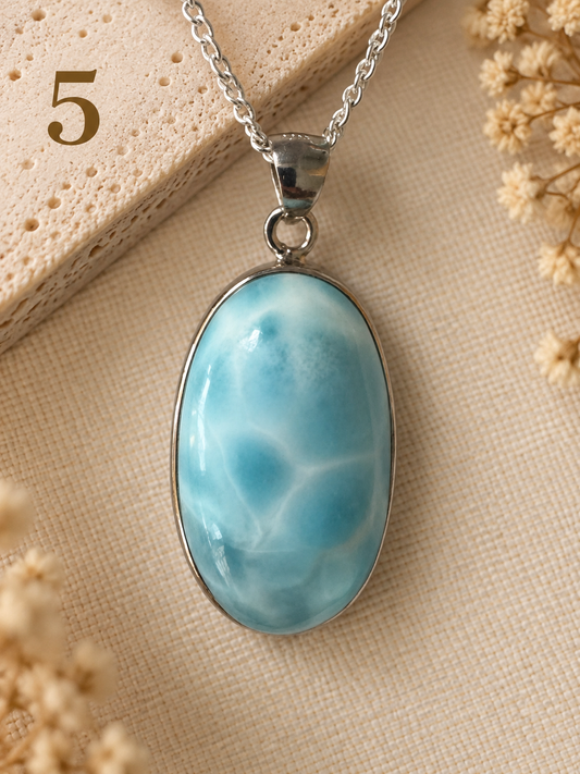 Natural Larimar Sterling Silver Pendant Necklace- 5