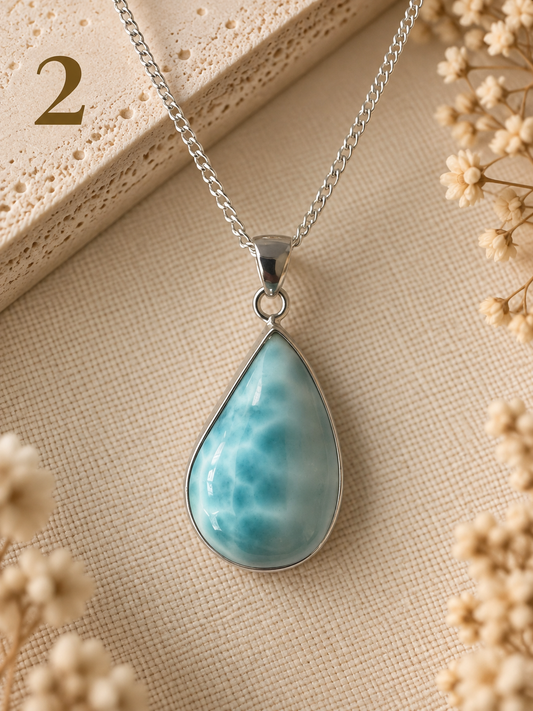 Natural Larimar Sterling Silver Pendant Necklace- 2